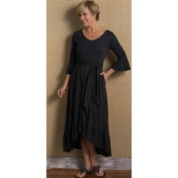 Soft Surroundings | Dresses | Soft Surroundings V Neck Ruffle Midi Dress  Half Sleeve Black Size Xs | Poshmark